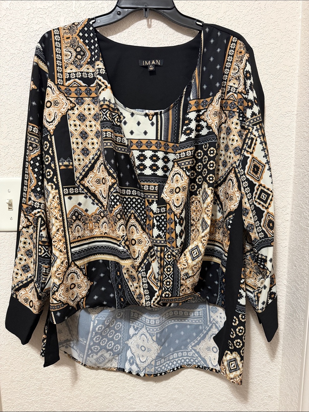 IMAN Black & Gold Patchwork-Print Tunic Top